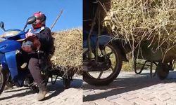 Motosikletine El Arabası Bağlayıp Ot Taşıdı