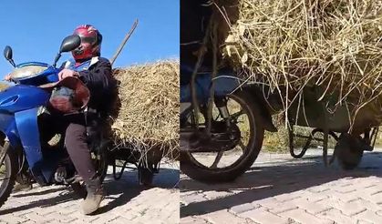 Motosikletine El Arabası Bağlayıp Ot Taşıdı