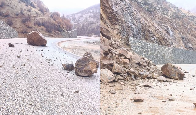 Şemdinli’de dev kayalar yolu kapattı: Ekipler müdahale ediyor