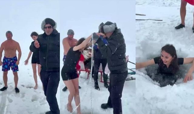 Kars’ta bir kadın Çıldır Gölü’nün buz gibi suyuna girdi